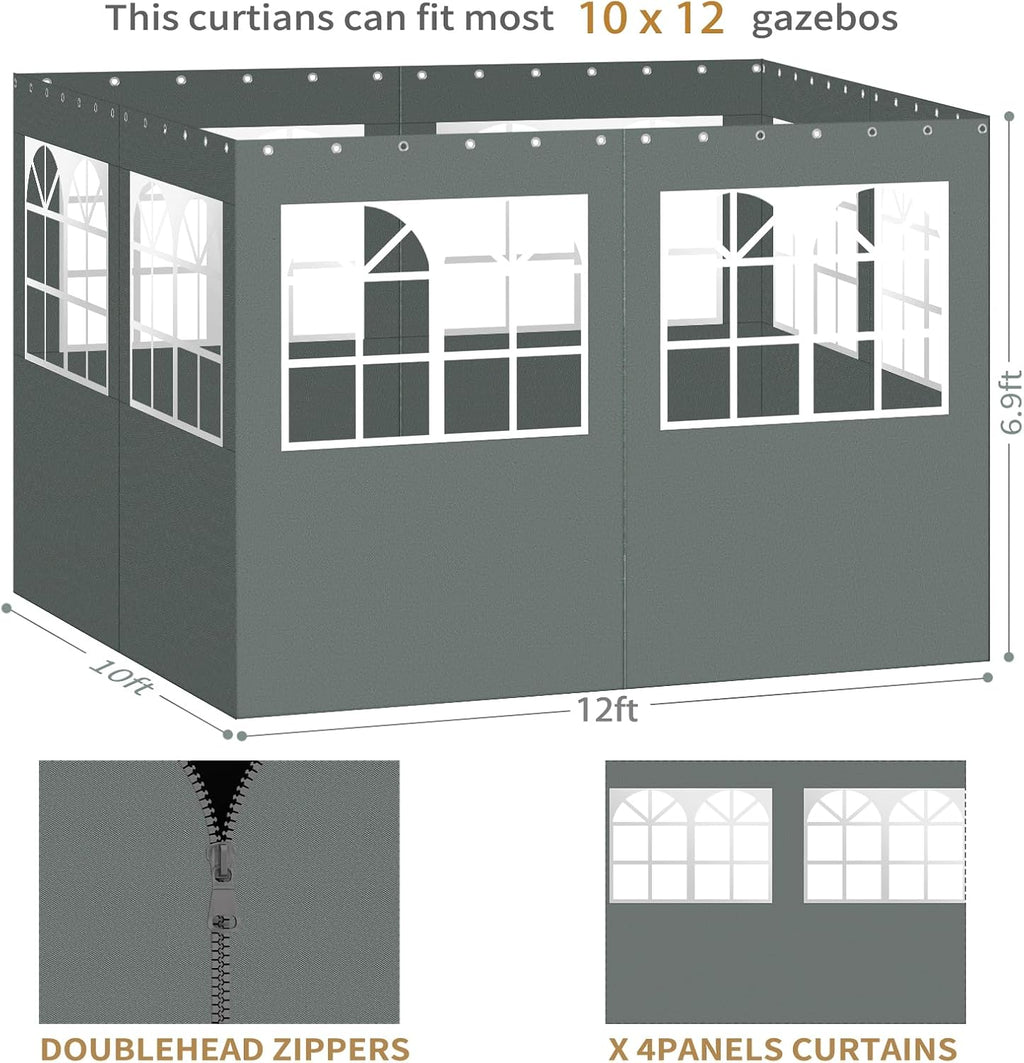 Gazebo Privacy Curtains 10' x 12' with PVC Windows, 4-Panels Side Wall with Zipper Universal Replacement for Patio, Outdoor Canopy, Garden and Backyard, Gray