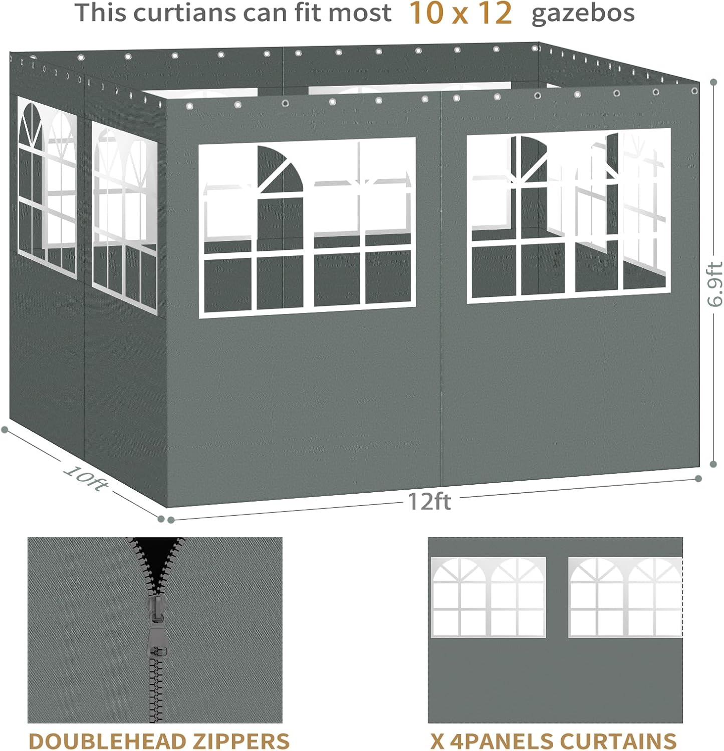 Gazebo Privacy Curtains 10' x 12' with PVC Windows, 4-Panels Side Wall with Zipper Universal Replacement for Patio, Outdoor Canopy, Garden and Backyard, Gray