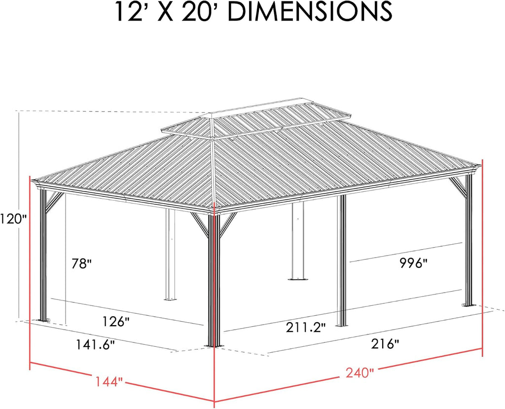 Kozyard Alexander 12' x 20' Hardtop Gazebo, Aluminum Frame with Galvanized Steel Double Roof, Outdoor Permanent Pavilion with Curtains and Netting for Patio, Backyard, Deck, Lawn(Gray)