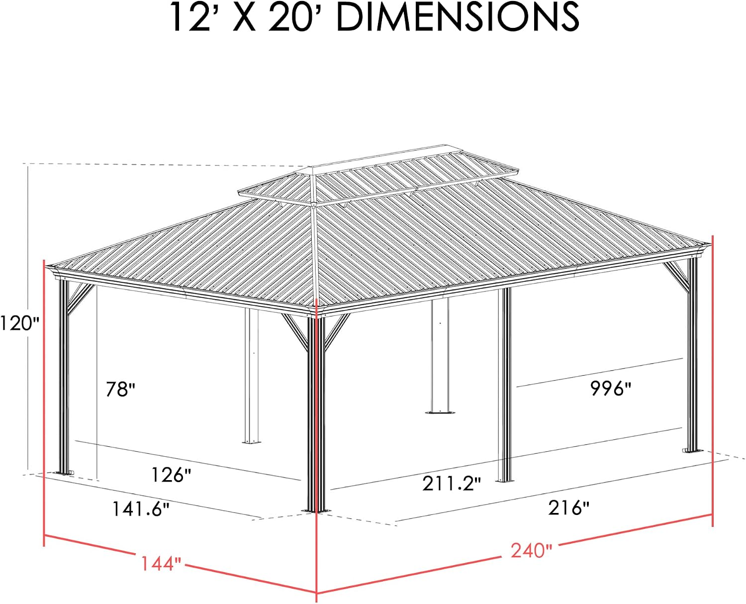 Kozyard Alexander 12' x 20' Hardtop Gazebo, Aluminum Frame with Galvanized Steel Double Roof, Outdoor Permanent Pavilion with Curtains and Netting for Patio, Backyard, Deck, Lawn(Gray)