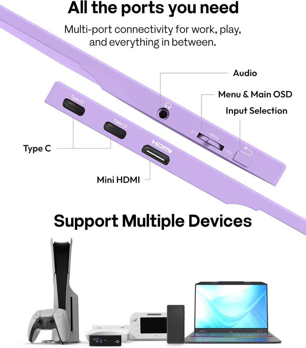 Pixio PX160 Wave Purple Portable Monitor 15.6 inch 60Hz FHD 1080p IPS Panel HDR Screen Cover Stand USB-C HDMI Laptop Screen Extender Portable Monitor for Laptop, PC, Console, Phone