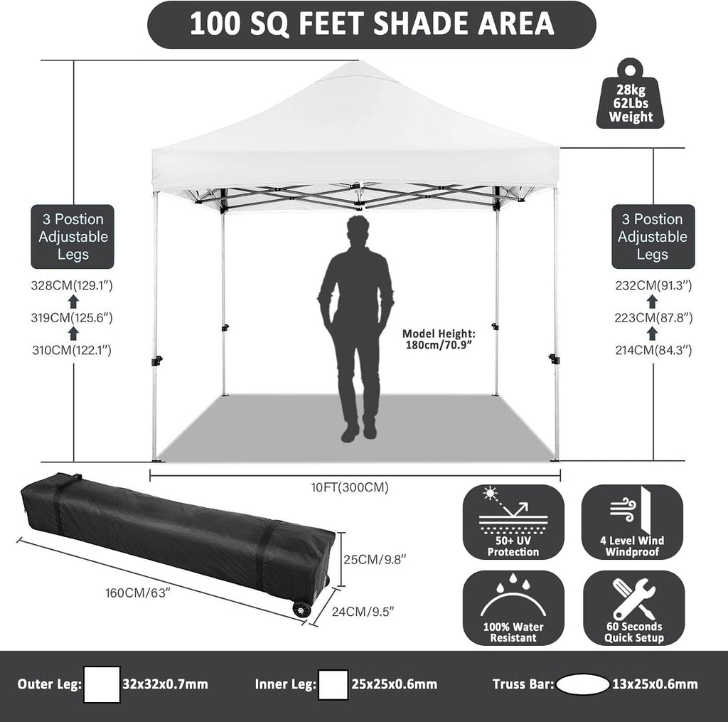 COBIZI 10x10 Pop Up Canopy Tent 10x10 Canopy with 4 Sidewalls Waterproof Heavy Duty Commercial Canopy Tent for Parties Outdoor Garden Gazebo, Carry Bag with Wheel(10x10ft, White)