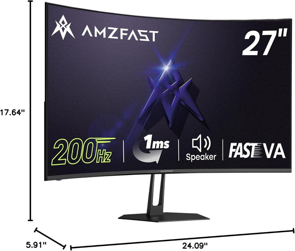 Amzfast 27 inch 200Hz Curved Gaming Monitor, FHD 1080p with Built-in Speakers, FreeSync, MPRT 1ms, 130% sRGB, 3000:1, 1500R, VESA Mount, HDMI 2.0&DP 1.4, 12 Months Warranty Exchange