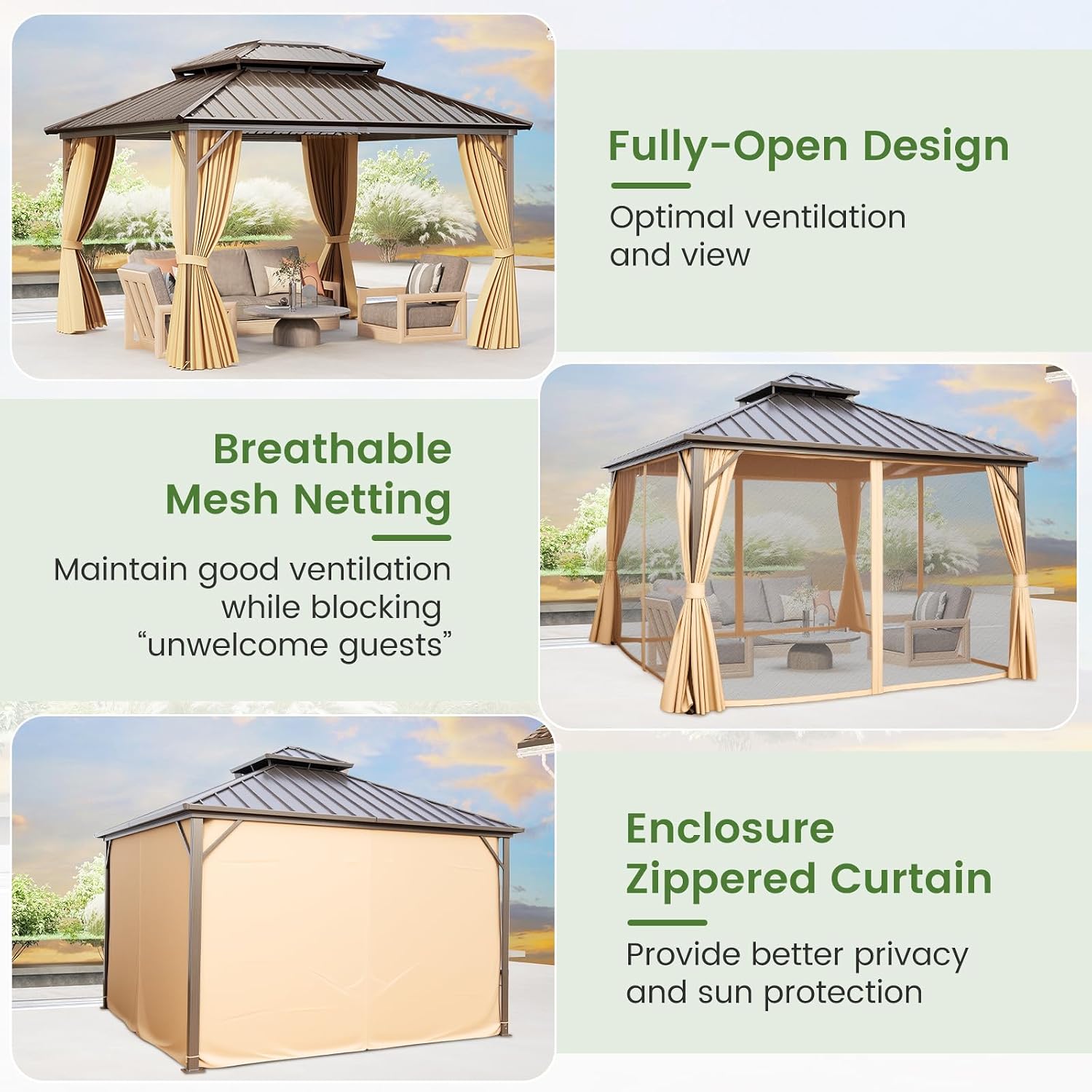 Tangkula 12x12 FT Hardtop Gazebo, Outdoor Permanent Pavilion Shelter with Netting & Curtain, Heavy-Duty Double Galvanized Metal Roof, Aluminum Frame, Outdoor Gazebo for Patio Garden Deck Lawn