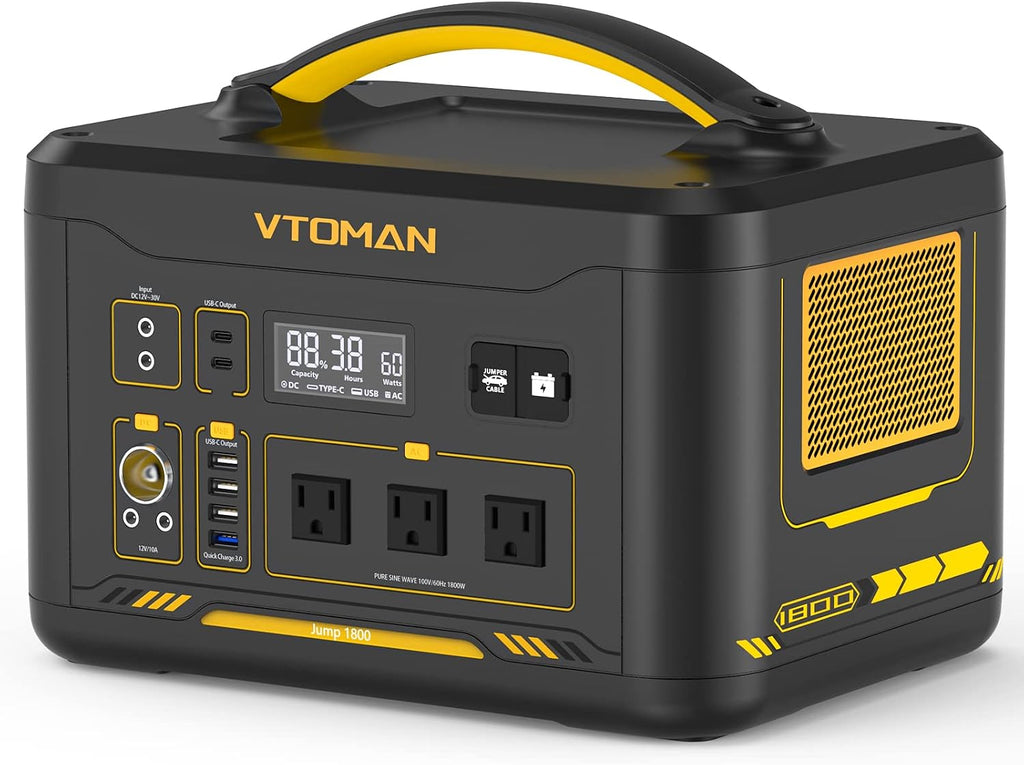 VTOMAN Jump 1800 Portable Power Station with Jump Start, 1548Wh LiFePO4 Solar Generator 1800W (Peak 3600W) AC Outlets, Regulated 12V DC, PD 100W Type-C for Home Backup RV/Van Travel Camping Road Trip