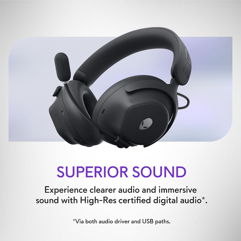 Alienware Pro Wireless Gaming Headset - Wired/Wireless, Bluetooth 5.3, 15 Minute Fast Charging, Audio Output 20 Hz, Battery Talk Time (ANC on) Up to 24 Hrs (Bluetooth), Dark Side of The Moon