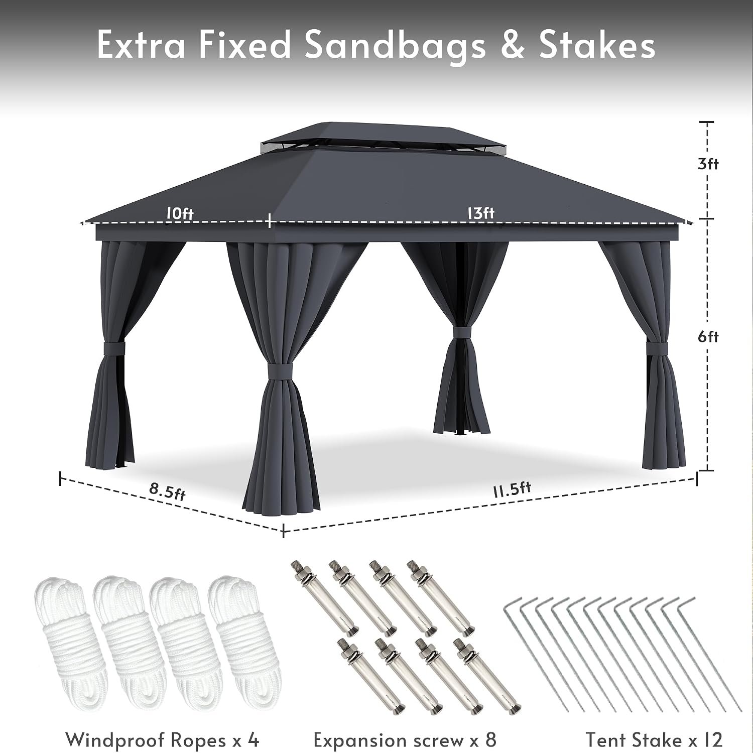 Outdoor Patio Gazebo 10x13, Heavy Duty Metal Frame Canopy Tent Shelter with Double Roof Design, Patio Gazebo with Mosquito Nettings and Privacy Screens for Backyard, Deck, Lawn, Garden
