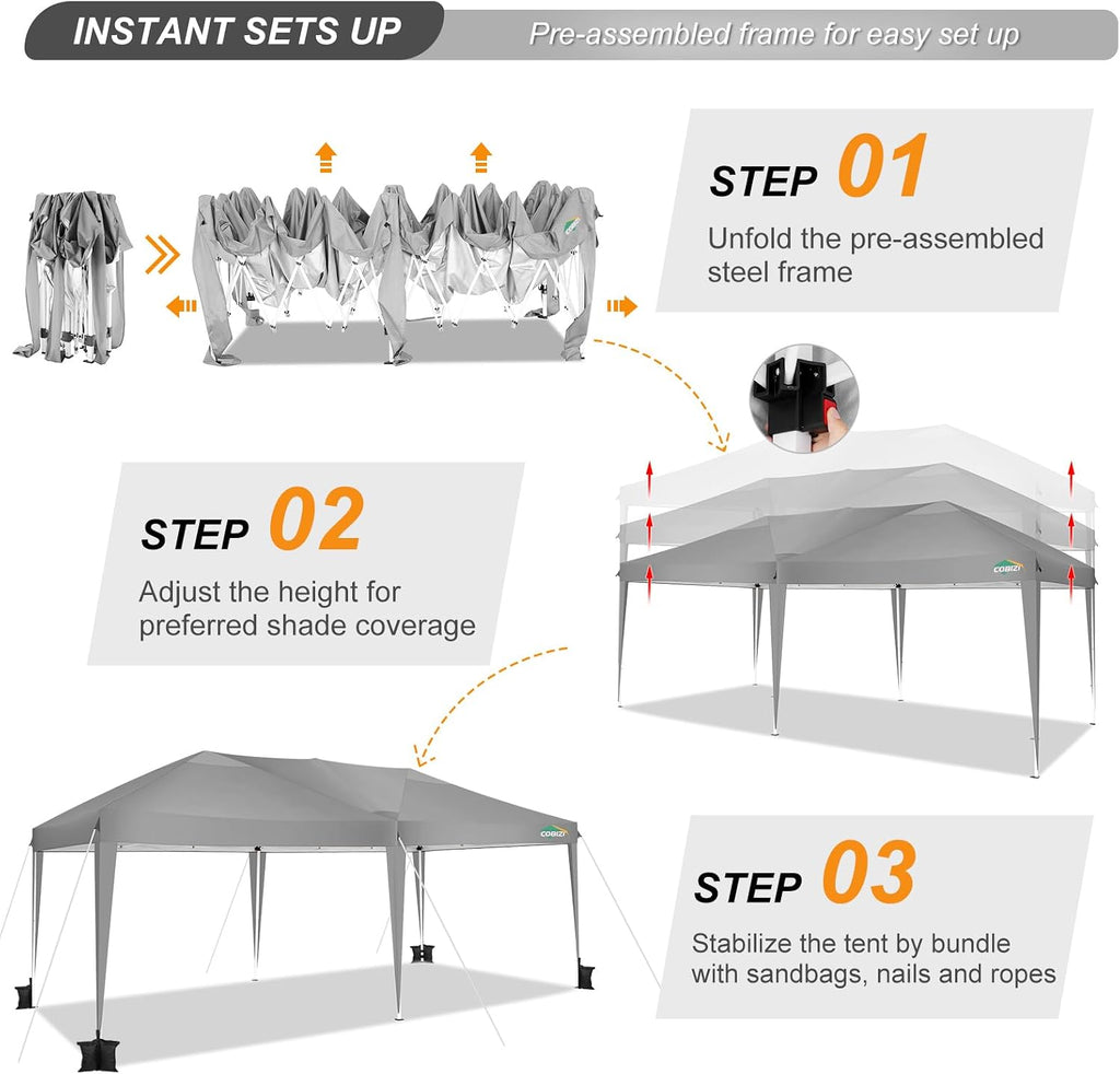 COBIZI 10x20 Pop Up Canopy Tent Without Sidewall Party Tents for Parties Weddings Backyard Waterproof Commercial Instant Outdoor Events Tent with Stakes, Ropes（10 x 20 ft Gray
