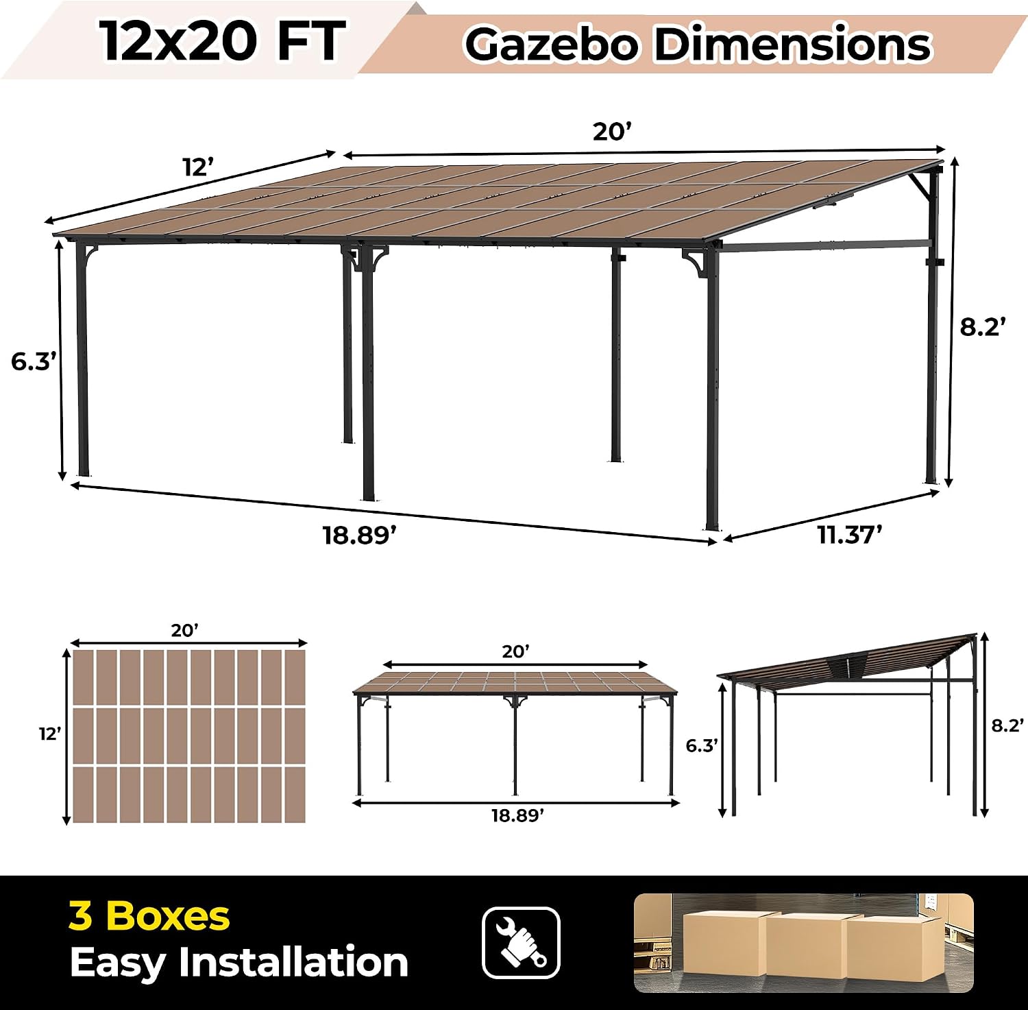 12' x 20' Gazebo, Outdoor Pergolas and Gazebos on Clearance, Hard Top Lean to Gazebo with Metal Frame, Pergola Wall Mounted Pergola with Sloped Roof for Patio, Decks, Backyard