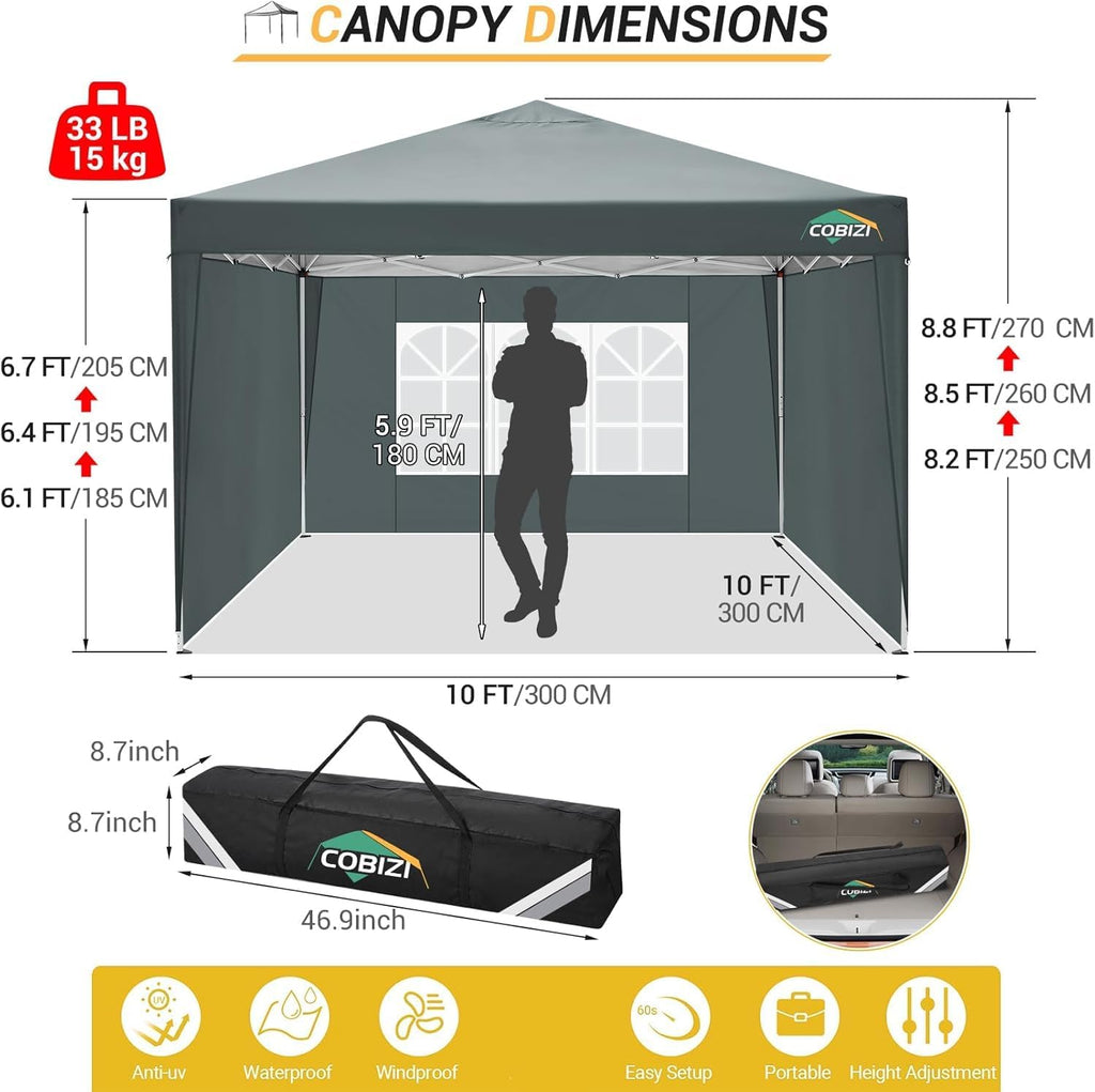 COBIZI 10x10 Pop Up Canopy Tent with 3 Sidewalls Party Tents for Parties Weddings Backyard Waterproof Commercial Instant Outdoor Events Tent with Stakes, Ropes（10 x 10 ft Gray