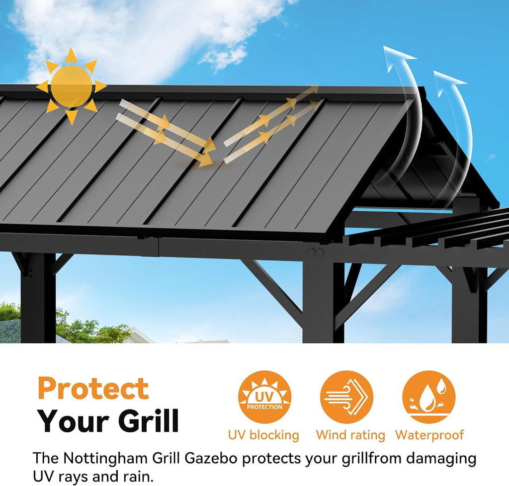 Big Leaf 6'x8' Grill Gazebo Hardtop with Galvanized Steel Roof, BBQ Gazebo with Pergola Extension, Outdoor Canopy with Rust-Resistant Metal Frame for All-Season BBQ & Patio Use