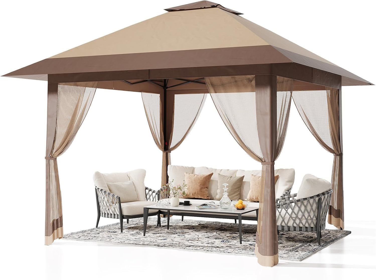 Pop Up Gazebo 13 * 13 Ft Outdoor Tent with Mosquito Net - Patio Gazebo 3 Level Adjustable Height Outdoor Gazebos for Backyard Waterproof Double Roof Patio Canopy for Parties BBQs