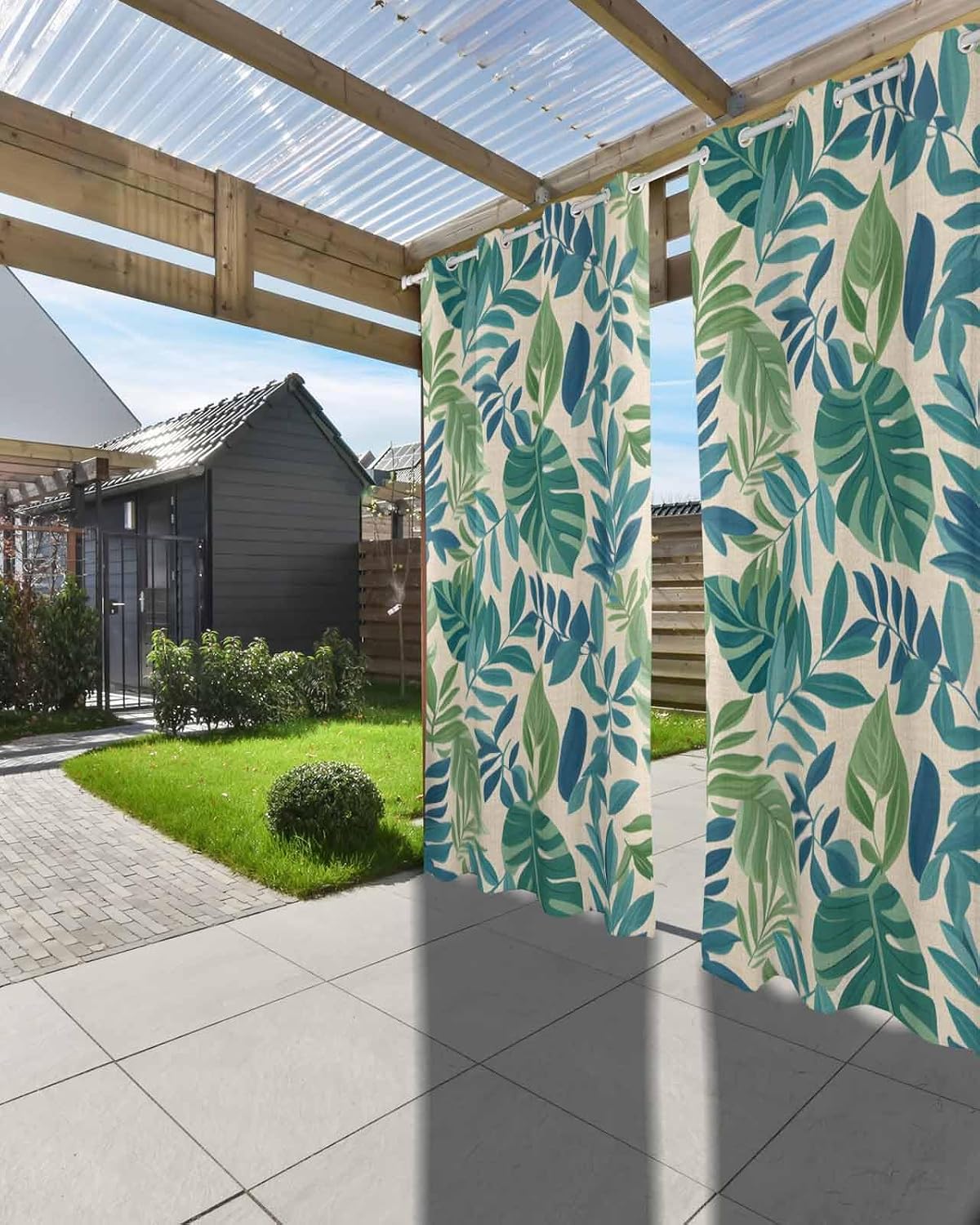 Summer Tropical Plants Outdoor Curtain for Patio Waterproof, Green Leaves Rustic Burlap Texture Outside Curtains with Grommet Top Curtain Panels Drapes for Pergola, Gazebo, Balcony 54'W x 95'L 2 Pcs