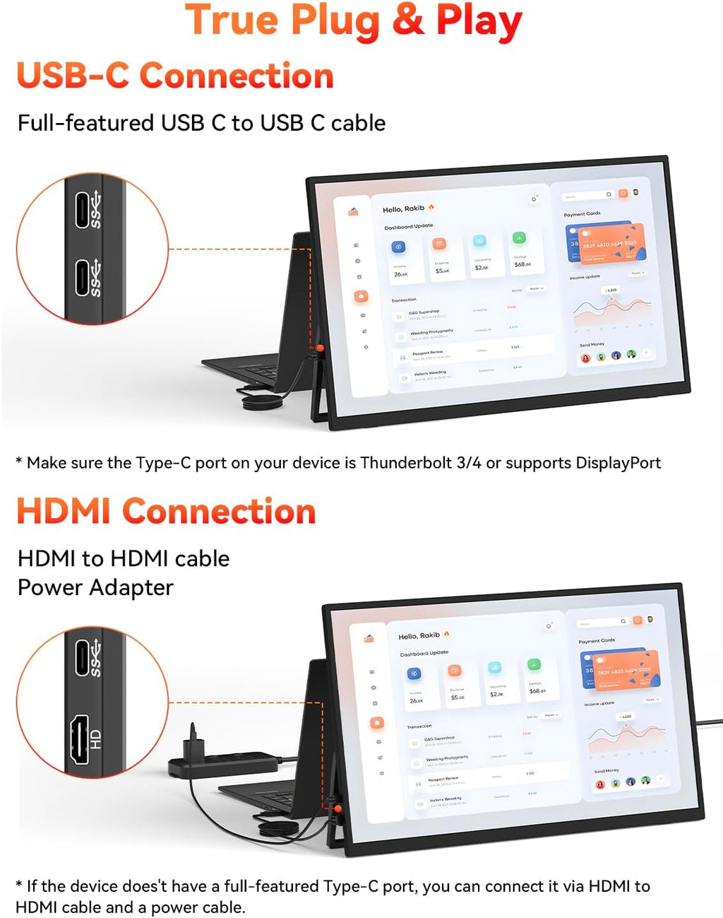 HotYeah Portable Monitor, 18.5' 1080P 100Hz 125% sRGB Laptop Monitor USB-C HDMI External Computer Display HDR FreeSync w/Kickstand & Speaker, 2nd Screen for Laptop PC Mac Phone Tablet Switch PS5 Xbox