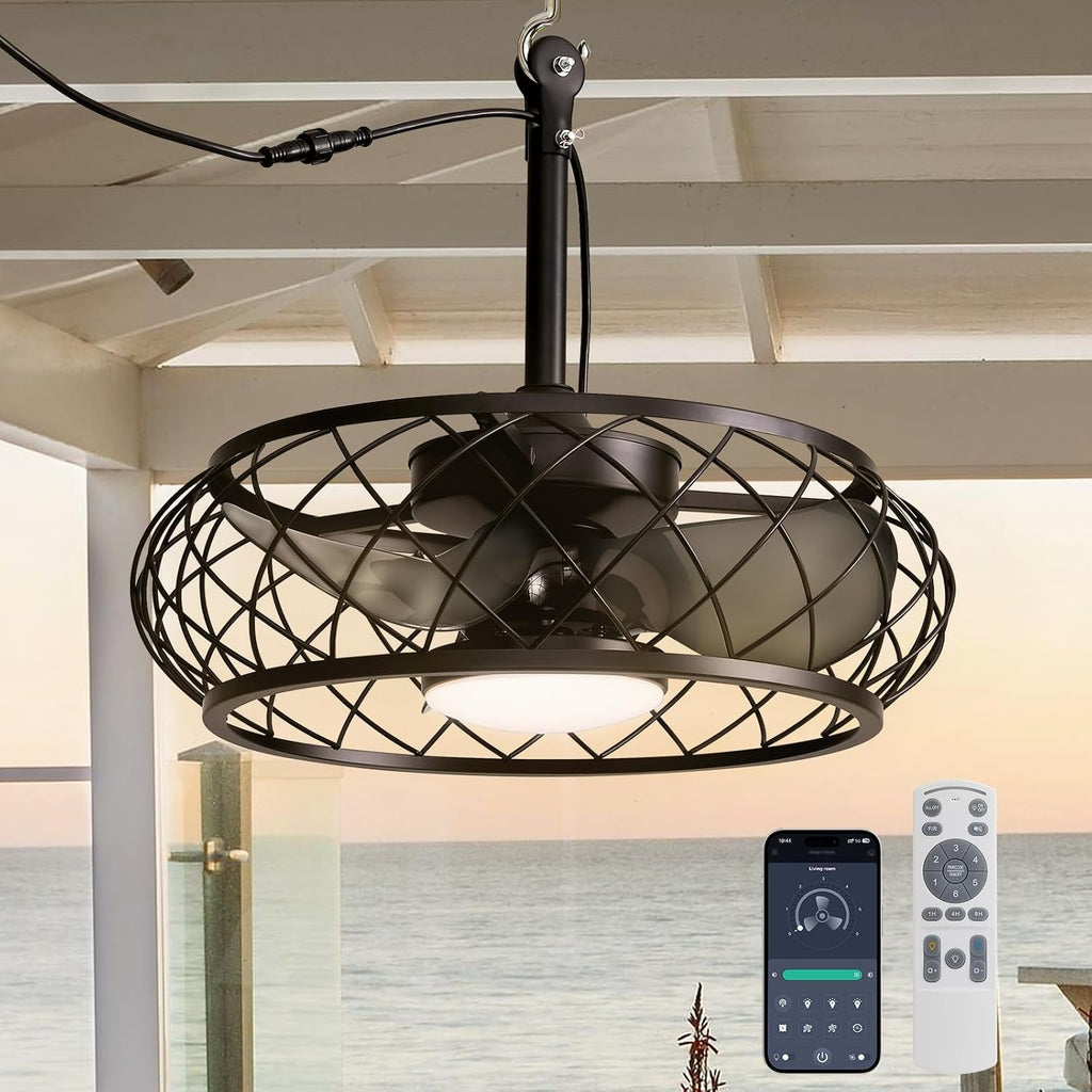 20'' Outdoor Ceiling Fan with Lights Remote Control, Outdoor Ceiling Fans with Hanging Hook, Dimmable Caged Industrial Chandelier with Fan, Fandelier for Gazebo Patio Pergola, Black