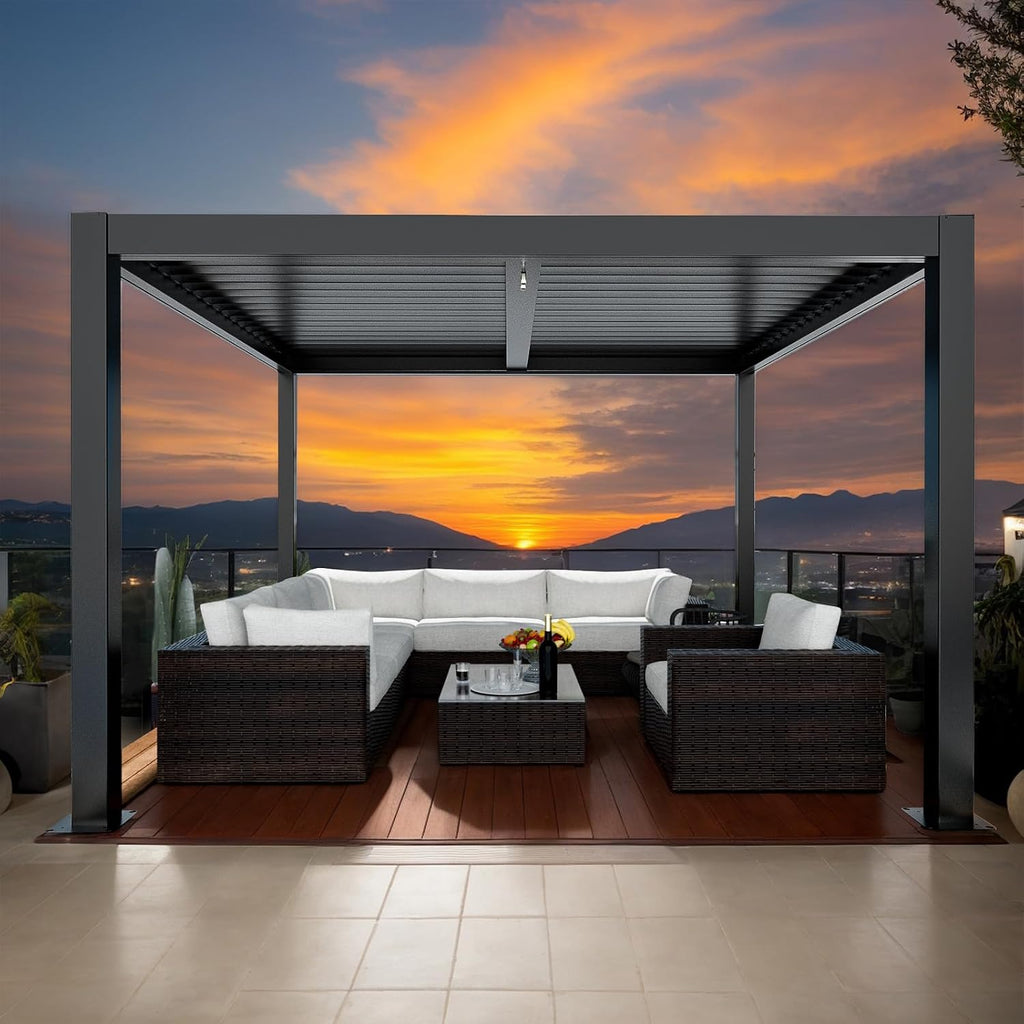 LVUYOYO Outdoor Louvered Pergola 10' x 10', Aluminum Pergola with Adjustable Roof, Waterproof Metal Gazebo for Patio, Backyard, Garden, Deck (Black)