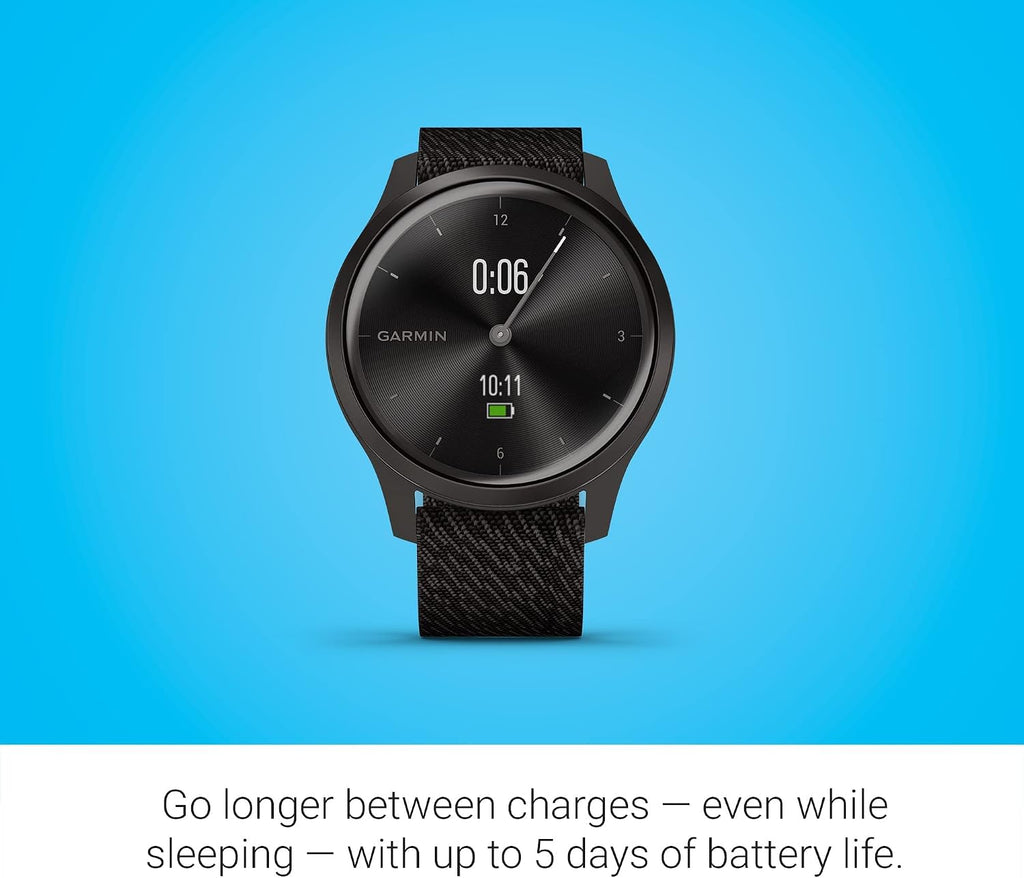 Garmin vivomove Style, Hybrid Smartwatch with Real Watch Hands and Hidden Color Touchscreen Displays, Graphite with Black Woven Nylon Band