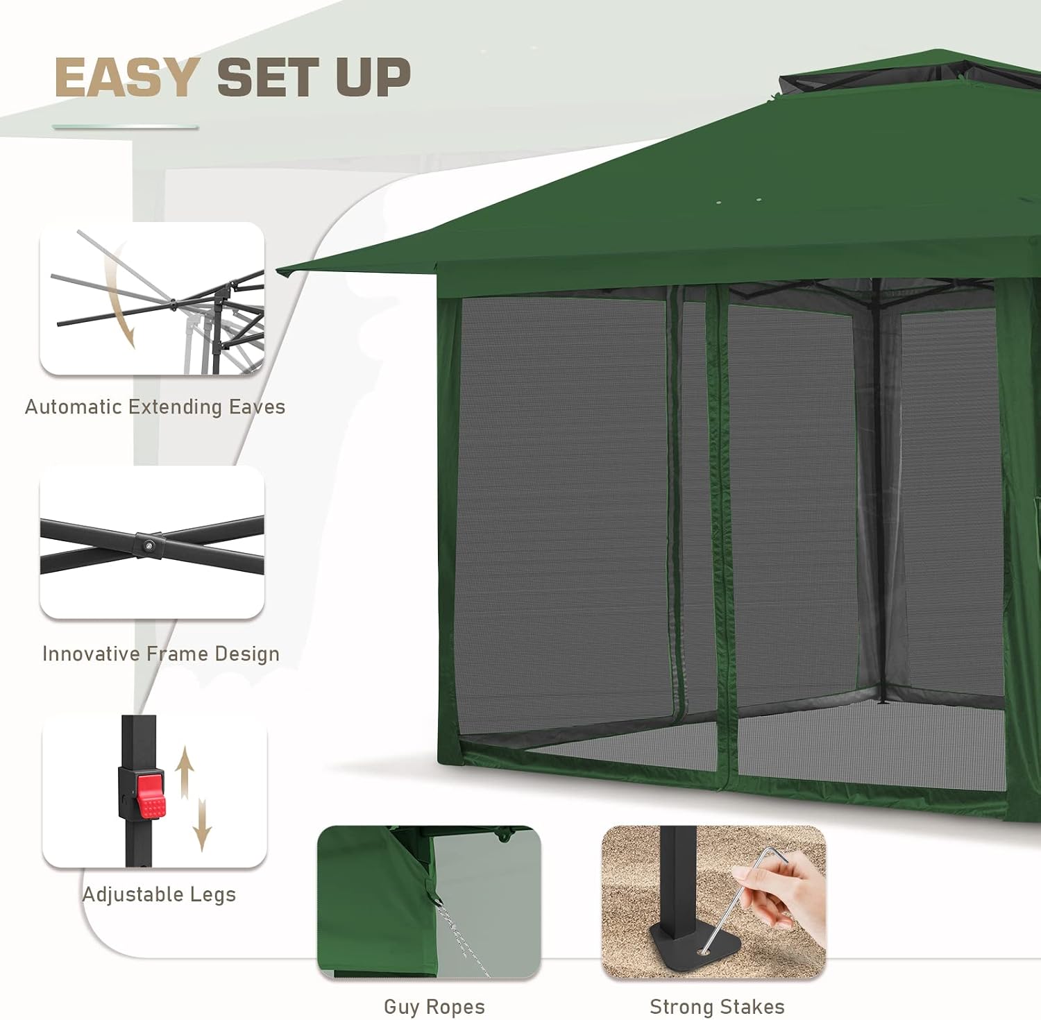 EAGLE PEAK 13x13 Pop Up Gazebo with Mesh Netting, Easy Up Screened Canopy for Patio and Backyard, Easy Set up Outdoor Gazebo (Green)
