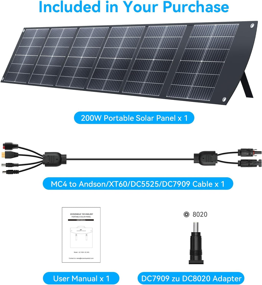 Ecosonique 200W Portable Solar Panel for Power Stations, Foldable & Lightweight with Kickstand, USB-C PD3.0 & USB-A QC3.0, MC4 & Multi-Output for Solar Generators, RVs, Camping, and Outdoor Use