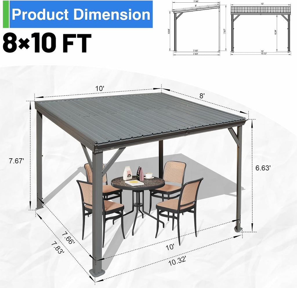 8x10FT Lean to Gazebo, Outdoor Metal Hardtop Wall Mounted Gazebo with Gutter & Sloping Galvanized Steel Roof, Hard Top Awnings/Shelter for Deck, Porch, Backyard