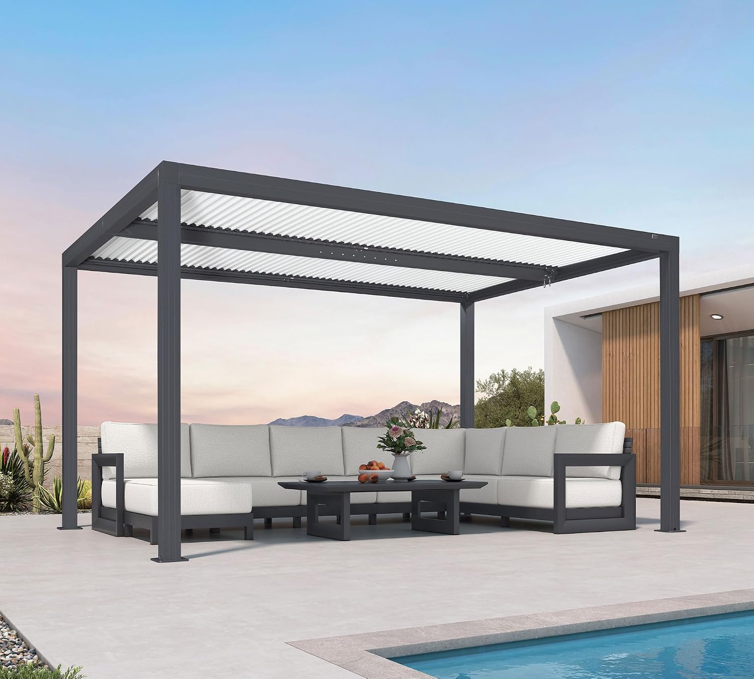 PURPLE LEAF Louvered Pergola 10' x 14' Outdoor Aluminum Pergola with Hidden Drainage System and White Adjustable Sun Shade Roof Patio Hardtop Small Pergolas for Patio Dining Side Yard Terrace Lounge