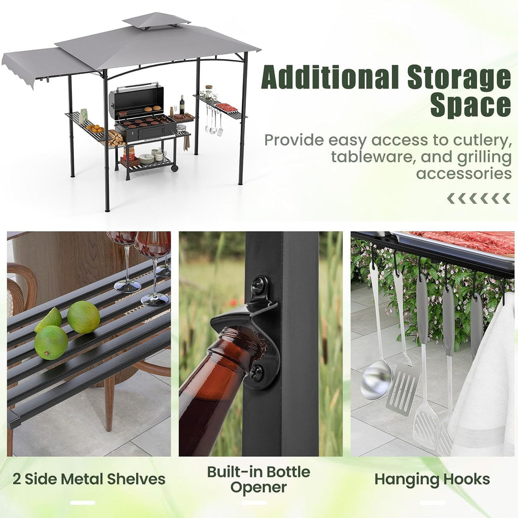 HAPPYGRILL Outdoor Grill Gazebo Canopy 11 x 5 FT, Barbecue Canopy with Double-Tiered Top, 2 Side Shelves, Hanging Hooks, Bottle Opener, Metal Frame, BBQ Grilling Shelter