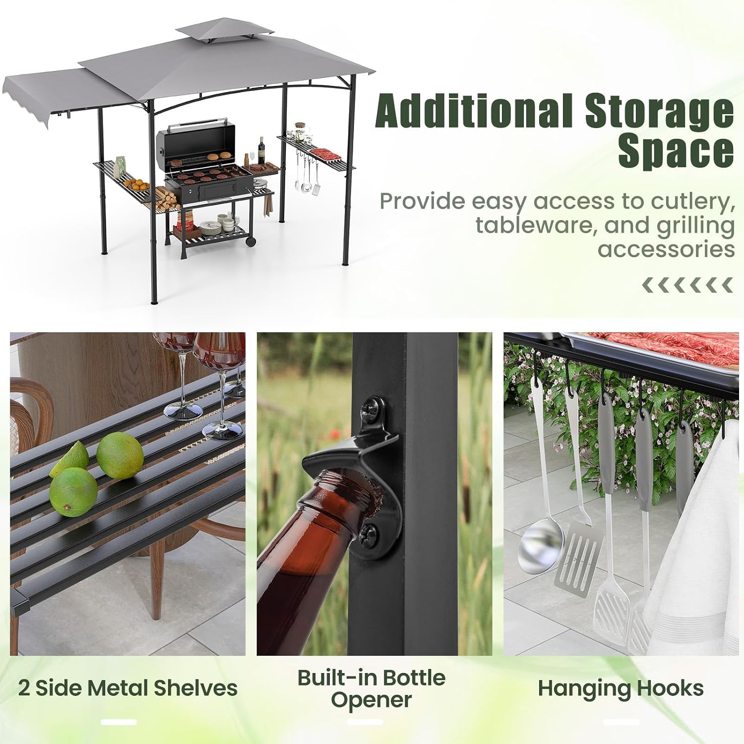 HAPPYGRILL Outdoor Grill Gazebo Canopy 11 x 5 FT, Barbecue Canopy with Double-Tiered Top, 2 Side Shelves, Hanging Hooks, Bottle Opener, Metal Frame, BBQ Grilling Shelter