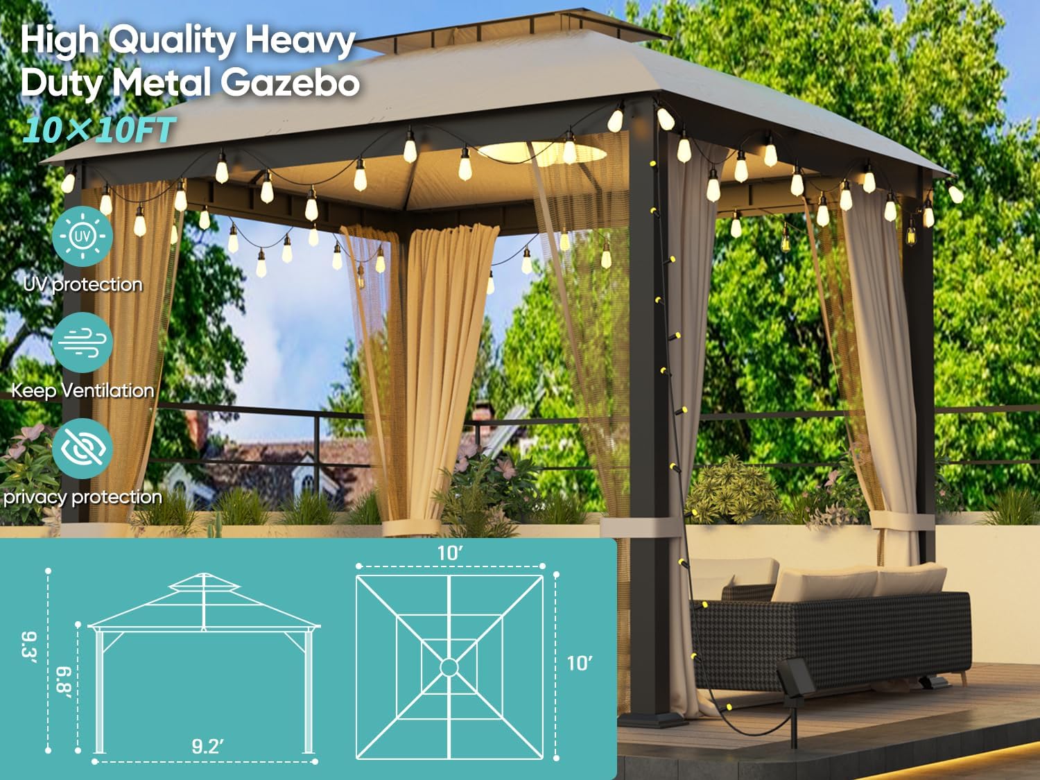 Sannwsg Outdoor Patio Gazebo 10x10 FT, Soft Top Gazebo Canopy with Double Roof, Square Metal Frame, Mosquito Netting & Privacy Curtains, for Backyard & Deck, Beige Netting