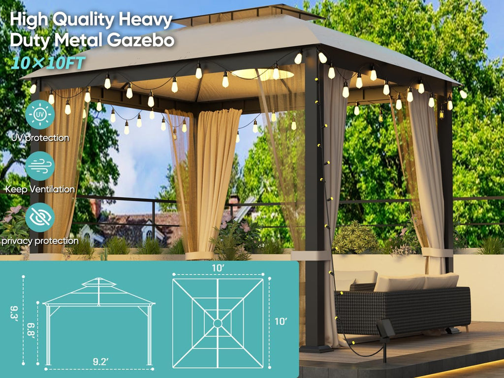 Patio Gazebo 10x10, Outdoor Gazebos, Heavy Duty Gazebo Soft Top Gazebos, Double Roofs Anti-UV Shelter with Privacy Curtains and Netting for Patio Deck Backyard Garden Lawns