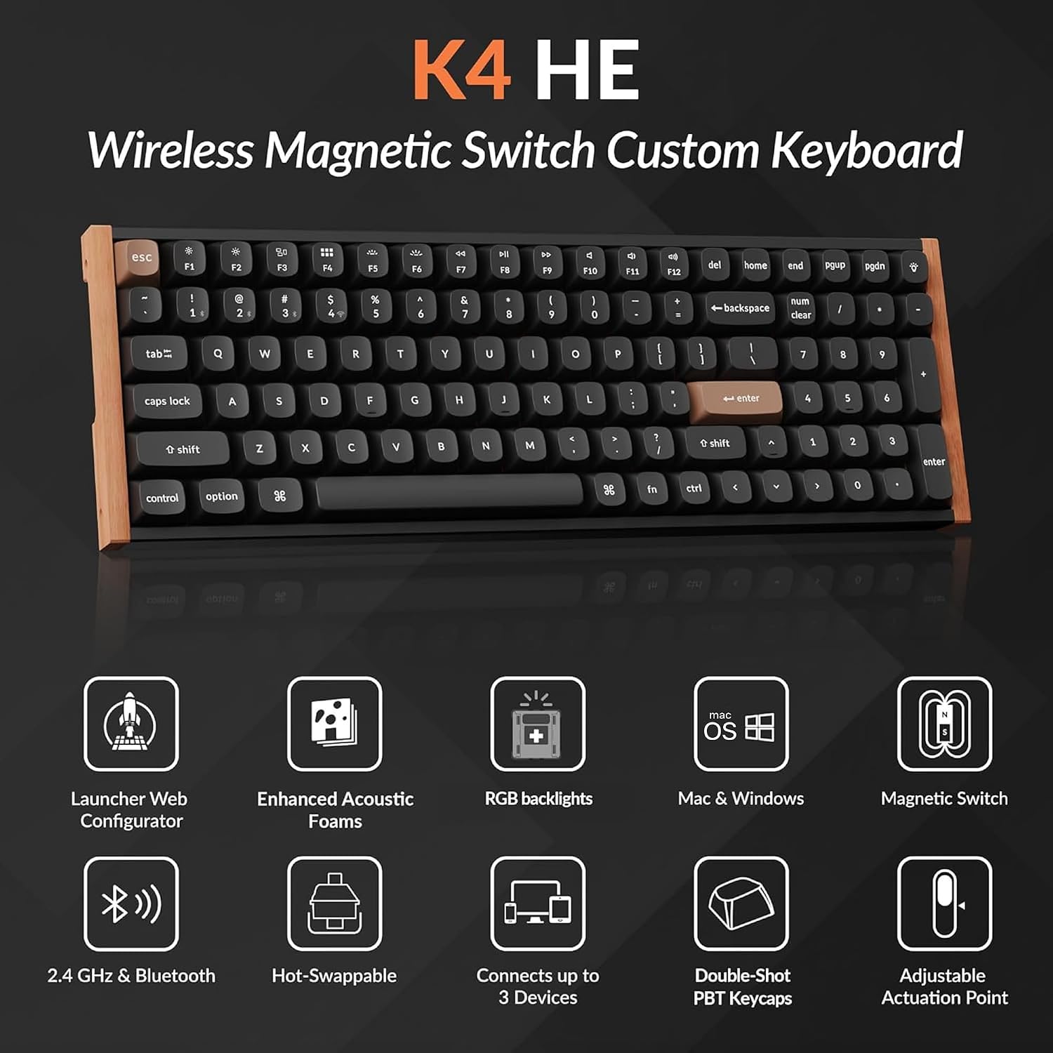 Keychron K4 HE 96% Wireless Hall Effect Keyboard with Number Pad, Rapid Trigger Magnetic Switches, QMK Launcher, 2.4GHz/Bluetooth/Wired, Mac & Windows, Wood Accent Frame, Black (Non-Shine-Through)
