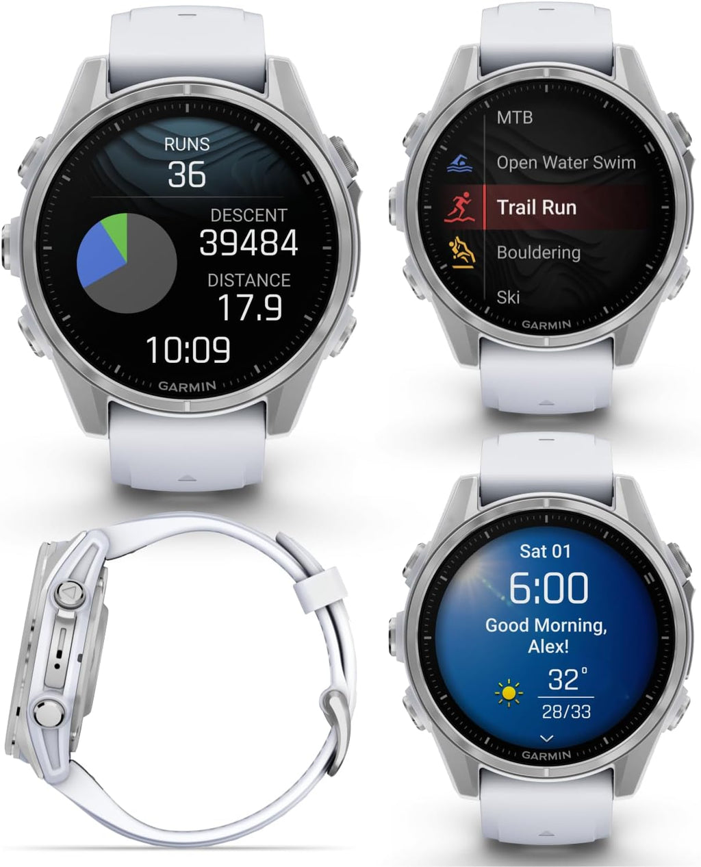 Garmin Fenix 8 – 43 mm, AMOLED Multisport GPS Smartwatch, Silver with Whitestone Silicone Band, Built-in LED Flashlight, Voice Control, Dive-Rated White Earbuds Bundle