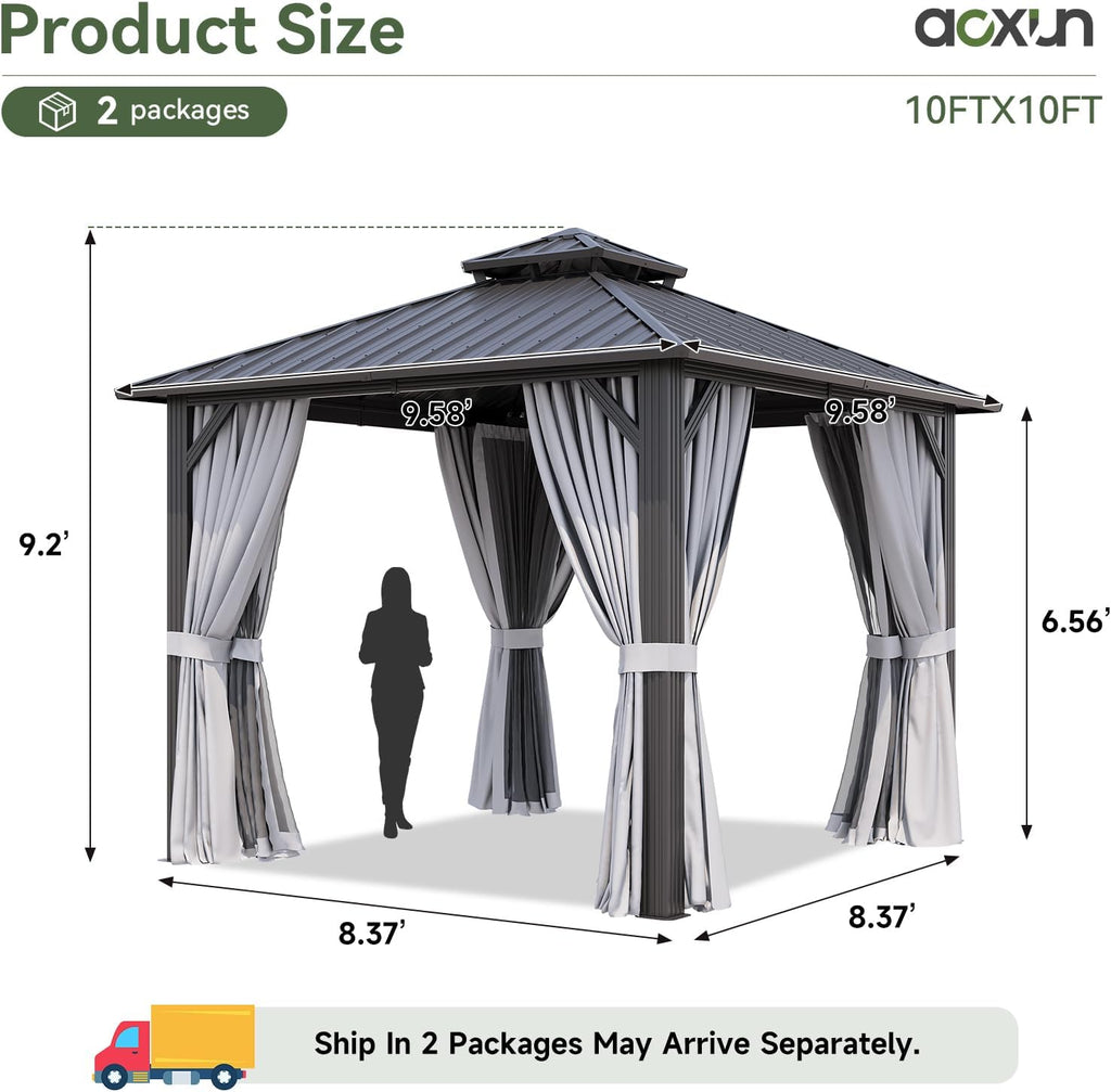 Aoxun 10'x10' Hardtop Gazebo, Permanent Metal Pavilion with Galvanized Steel Double Roof, Outdoor Pergola with Nettings and Curtains for Lawn, Garden, Patio (Gray)