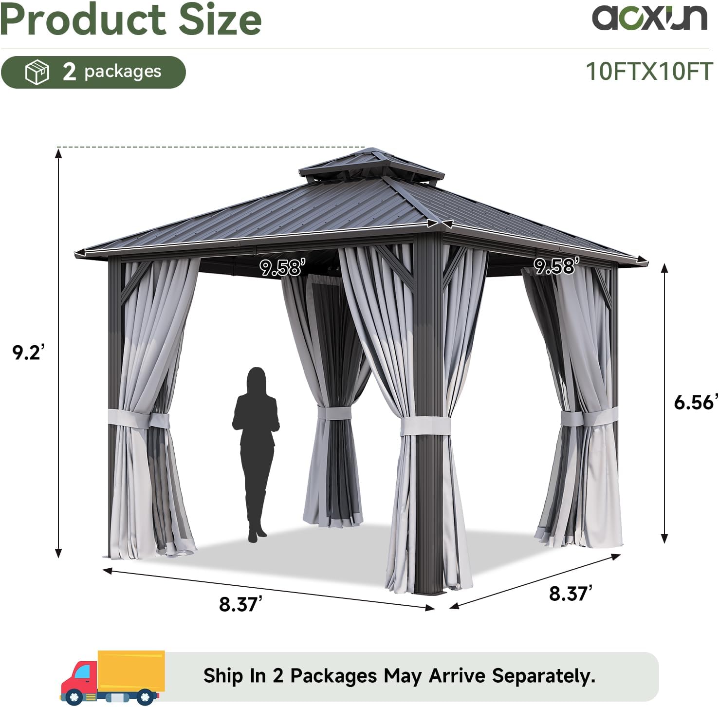 Aoxun 10'x10' Hardtop Gazebo, Permanent Metal Pavilion with Galvanized Steel Double Roof, Outdoor Pergola with Nettings and Curtains for Lawn, Garden, Patio (Gray)