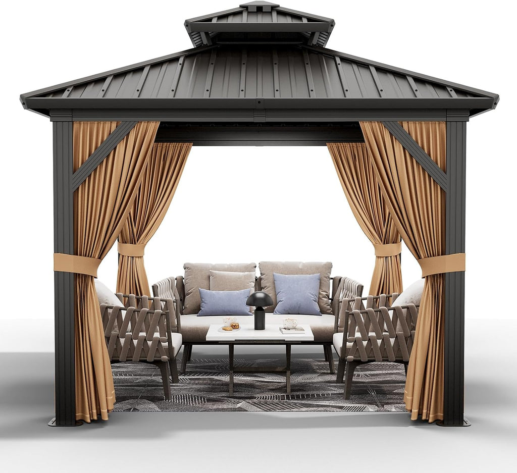 GarveeLife 10x10 ft Hardtop Gazebo, Aluminum Double Roof Gazebos with Netting and Curtains, Outdoor Permanent Gazebo for Garden, Patio, Backyard, Deck, Lawns (Brown, 10x10 ft)