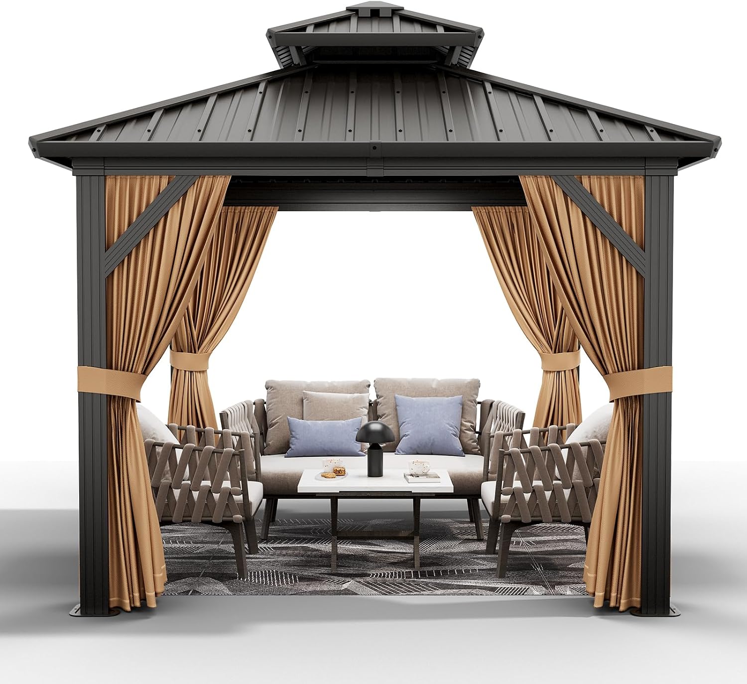 GarveeLife 10x10 ft Hardtop Gazebo, Aluminum Double Roof Gazebos with Netting and Curtains, Outdoor Permanent Gazebo for Garden, Patio, Backyard, Deck, Lawns (Brown, 10x10 ft)