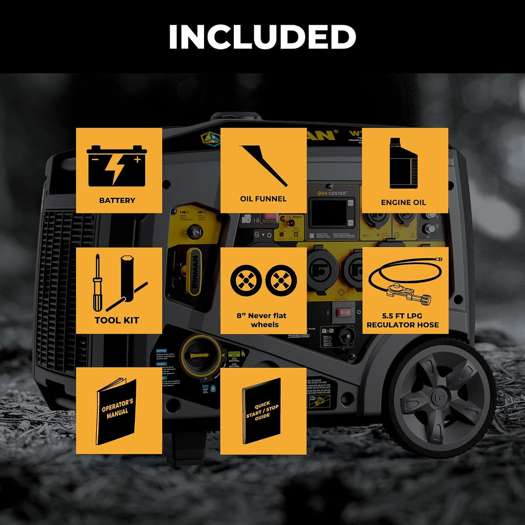 FIRMAN WT05571 Tri Fuel Inverter Portable Generator, 6850W Electric Start, Gas, Propane, Natural Gas Power, Whisper Series Quiet Operation, CO Alert Safety, RV Ready 120 240V Backup Generator