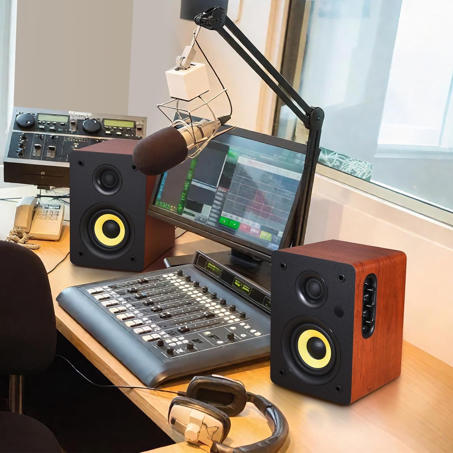 Sanyun SW206 80W Active Dual-Mode Bookshelf Speakers, 4' Studio Monitor & HiFi Mode, Upgraded 3D Sound Field, 6.35mm TRS Balanced, Bluetooth 5.4, Optical Coaxial Aux USB 24bit DAC, Woodgrain