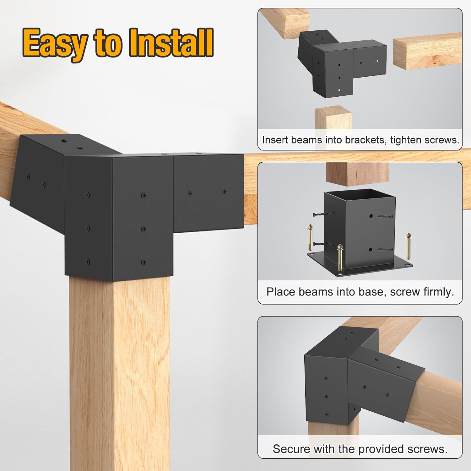 Eapele 8PCS 15° Slanted Roof Pergola Brackets, 3-Way Roof Wall Mount Extension Pergola Kit, Wood Post Base Bracket,Log Cabin