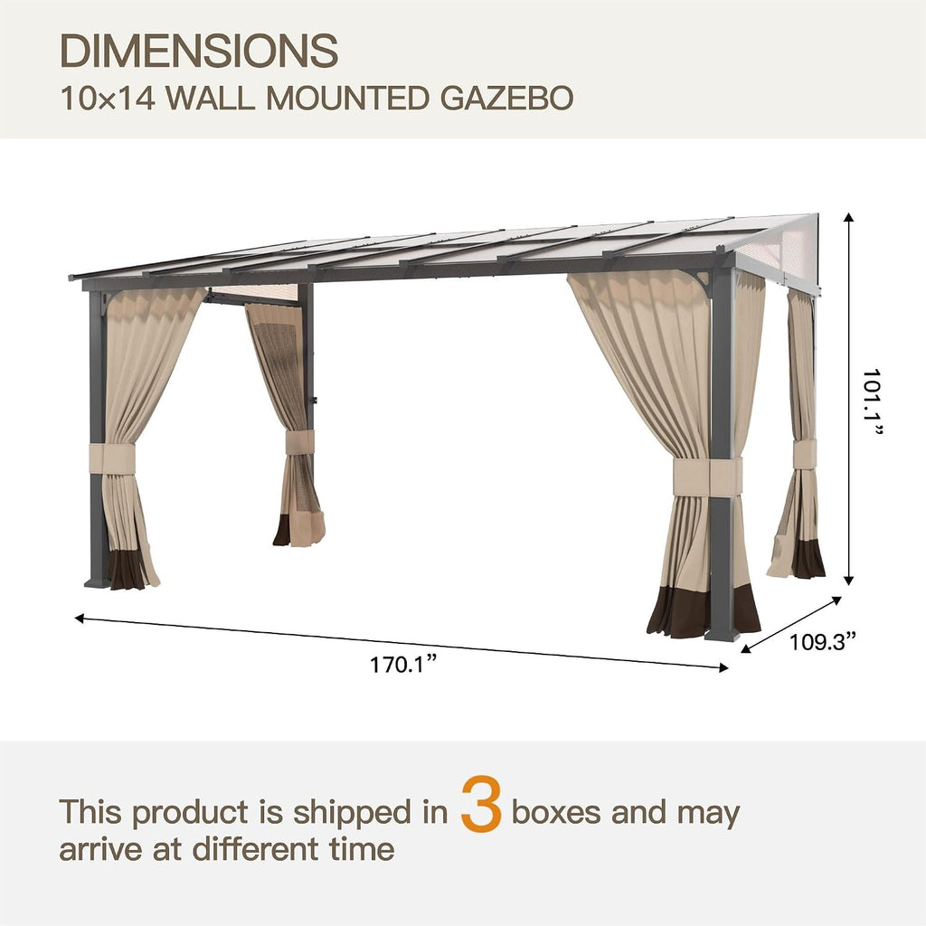 10' x 14' Gazebo for Patio,Wall Mounted Gazebo with Sloping Polycarbonate Roof,Aluminum Frame Outdoor pelgole w/Netting & Curtain for Garden,Deck,Backyard,Khaki