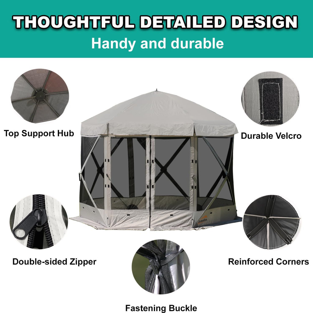 Lenotos Pop Up Screen Tent, 12'x12' Windproof & UV Protection Sun Shelter, Portable Instant Setup, 6-Sided Screen Tent for Picnic, Camping, Backyard, Outdoor (Grey)