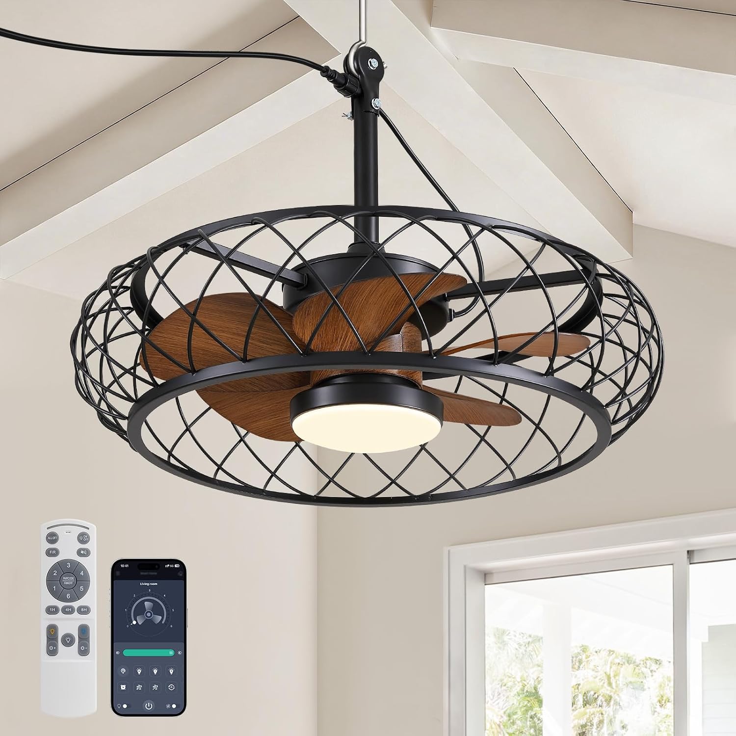 24' Outdoor Ceiling Fan with Lights Hanging Plug in Caged Outdoor Fan Remote APP Control 3CCT Dimmable, Quiet Reversible DC Motor Waterproof for Patio Pergola Porch Canopy Walnut