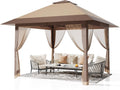13x13ft Popup Hexagonal Gazebo with Mosquito Net, Adjustable Outdoor Hexagonal Canopy with Portable Handbag for Garden/Backyard/Patio - Gray (Khaki)