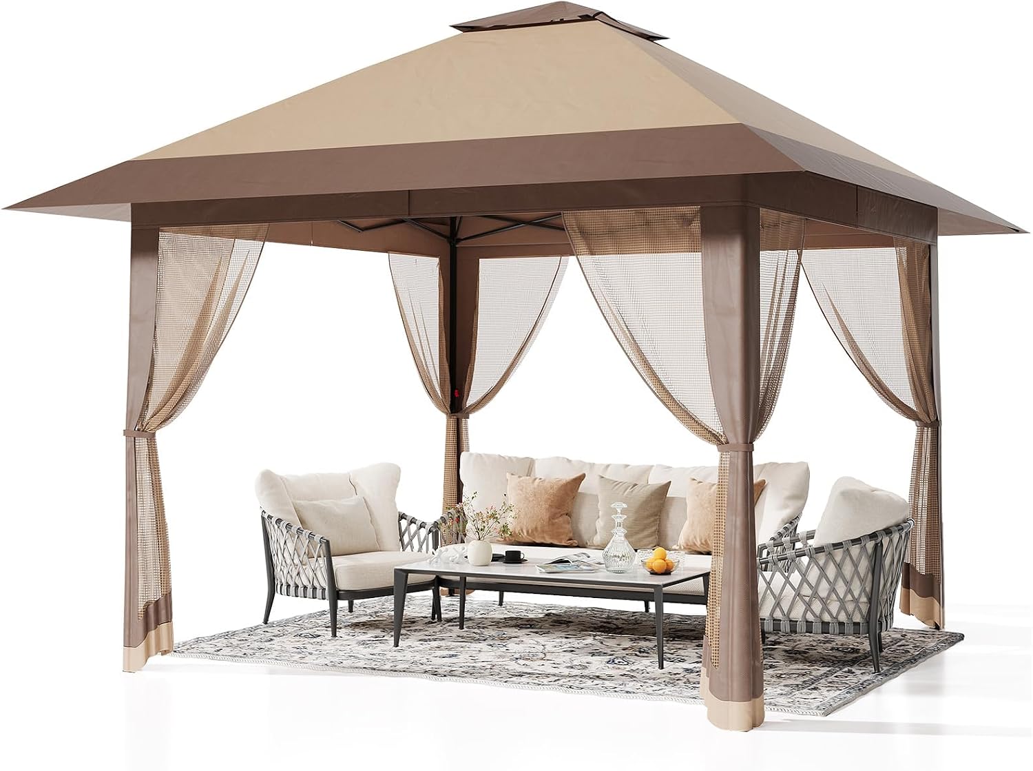 13x13ft Popup Hexagonal Gazebo with Mosquito Net, Adjustable Outdoor Hexagonal Canopy with Portable Handbag for Garden/Backyard/Patio - Gray (Khaki)