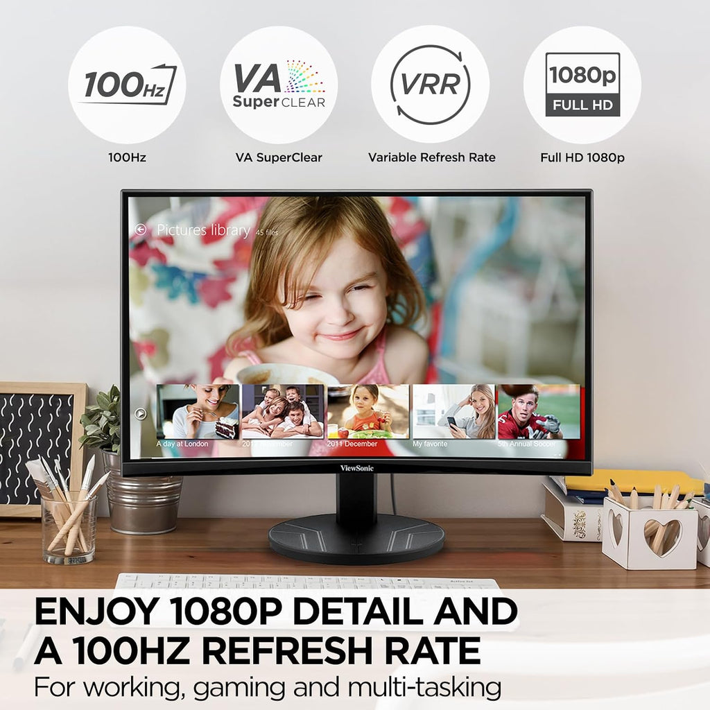 ViewSonic VA2416C 24 Inch 1080p Curved Monitor, Frameless Design with Variable Refresh Rate for Home Entertainment, HDMI, and DisplayPort Inputs