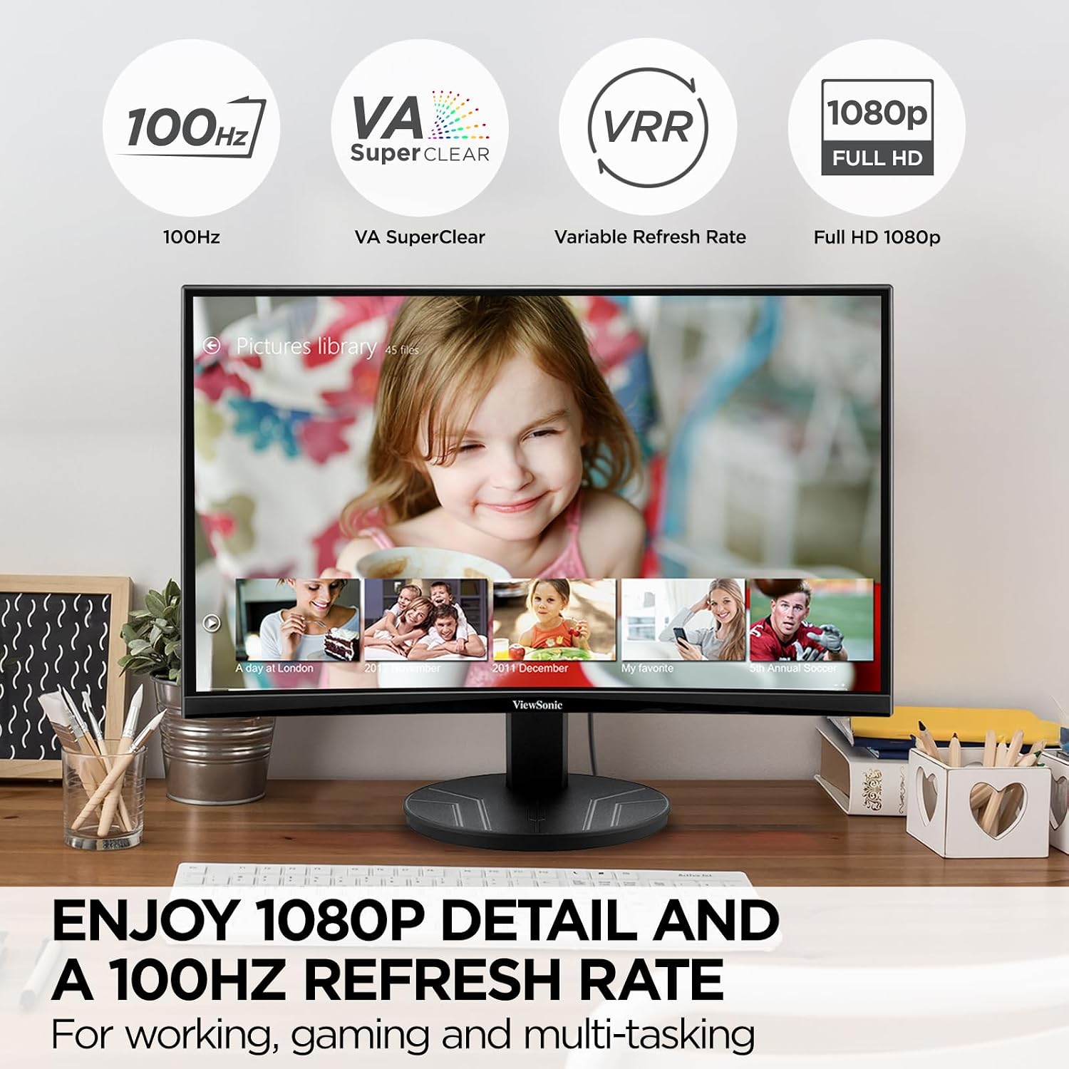 ViewSonic VA2416C 24 Inch 1080p Curved Monitor, Frameless Design with Variable Refresh Rate for Home Entertainment, HDMI, and DisplayPort Inputs