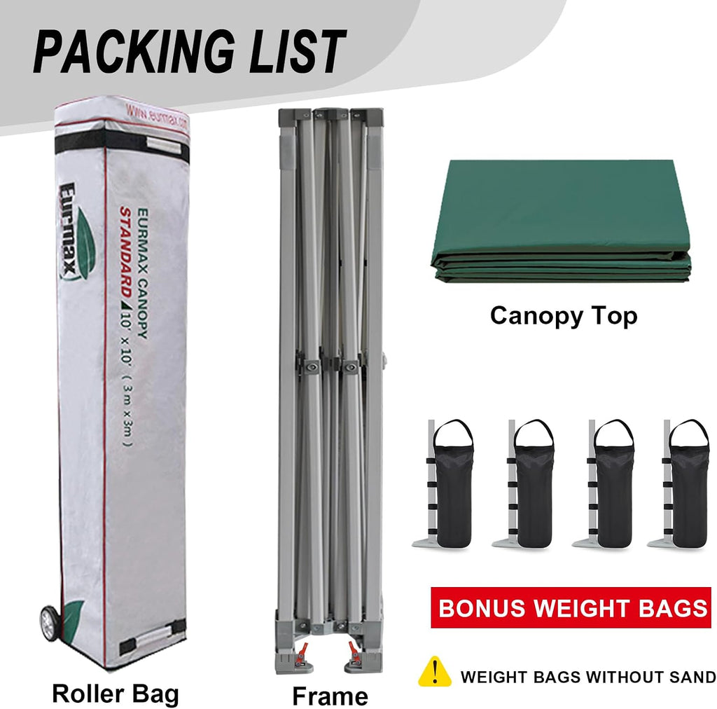 Eurmax USA 10x10ft Pop Up Canopy,Commercial Instant Tent for Outdoor Events,Patented No-Tip Rolling Storage Bag with 4 Sandbags,UV & Water Resistant,Heavy Duty Portable Shelter Gazebo,Forest Green