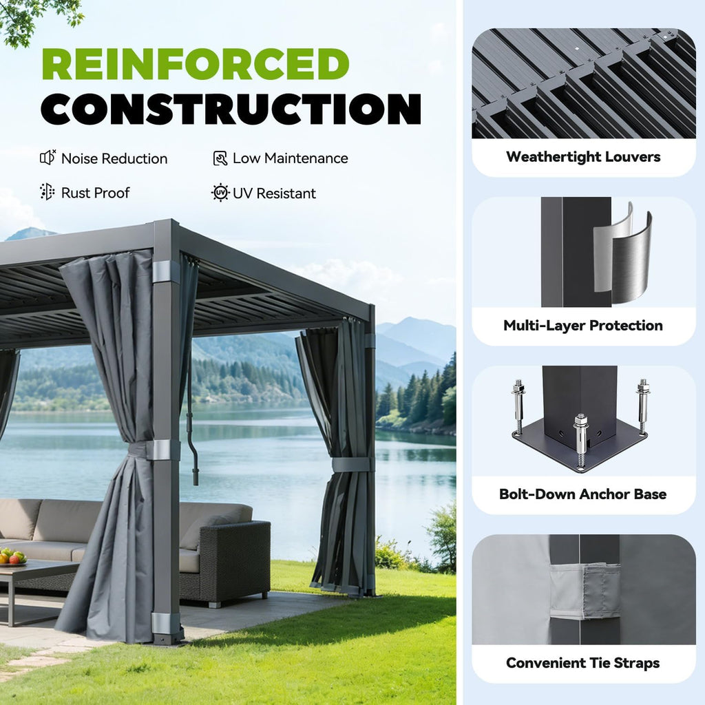 MELLCOM Louvered Pergola 10x10, Steel Aluminum Pergola with Adjustable Louvered Roofs, Outdoor Gazebo with Waterproof Curtains and Nets, Black