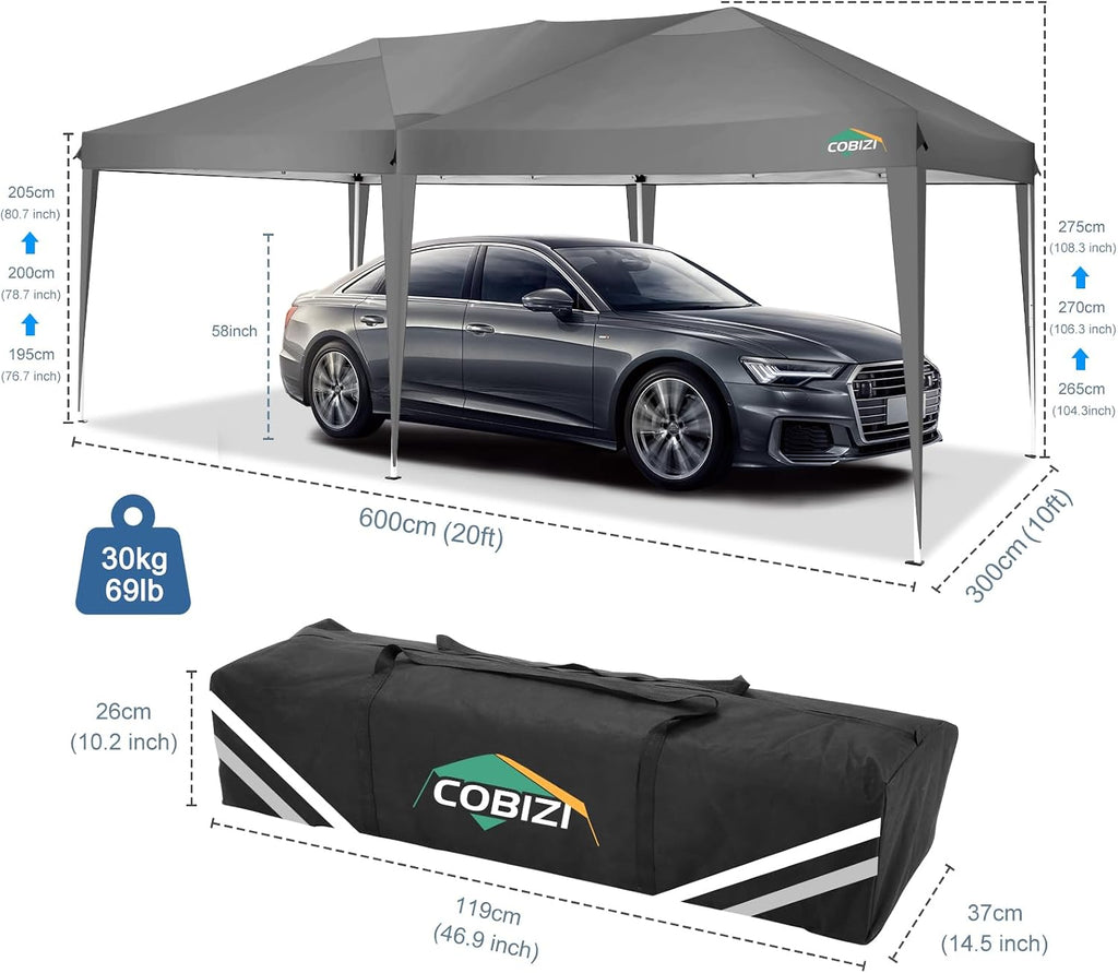 COBIZI 10x20 Pop Up Canopy Tent Without Sidewall Party Tents for Parties Weddings Backyard Waterproof Commercial Instant Outdoor Events Tent with Stakes, Ropes（10 x 20 ft Gray