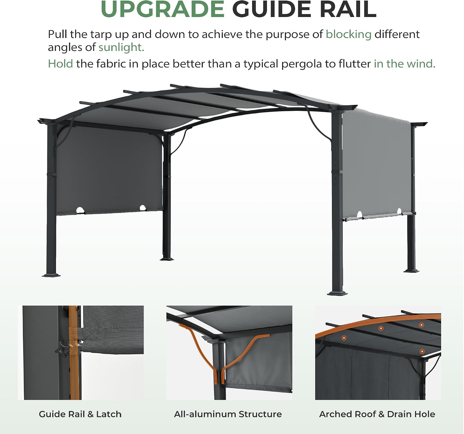 10' x13' Arched Outdoor Pergola for Deck, Outdoor Retractable Pergola with Canopy and Hardware, Small Aluminum Frame with Canopy Fixed in Various Positions (Grey)
