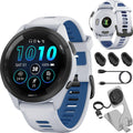 Garmin Forerunner 265 GPS Smartwatch, Whitestone/Tidal Blue Bundle with Deco Essentials Charging Dock Venu 3 + Silicone Dust Cover + USB Type C Charging and Sync Cable